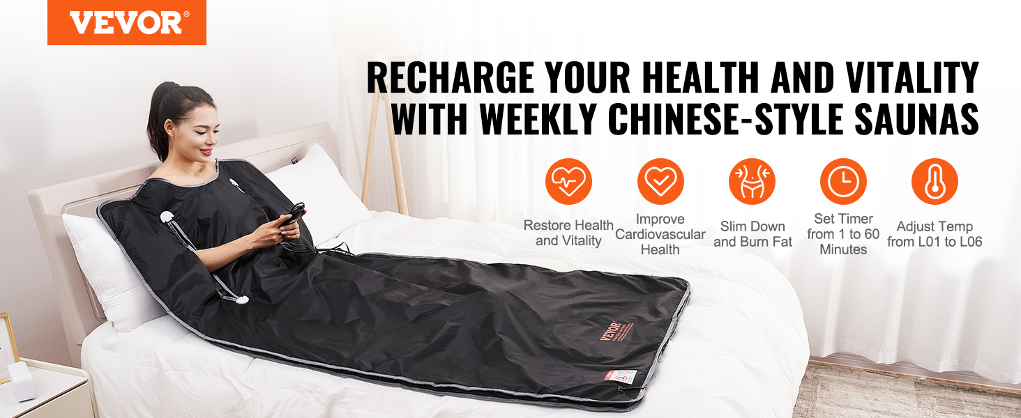 VEVOR sauna blanket on bed, recharging health and vitality with weekly chinese-style saunas.