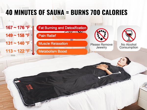 VEVOR sauna blanket on a bed promotes fat burning, detoxification, pain relief, muscle relaxation, and metabolism boost.