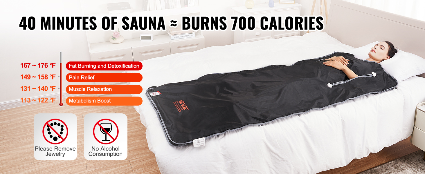 VEVOR sauna blanket on a bed promotes fat burning, detoxification, pain relief, muscle relaxation, and metabolism boost.