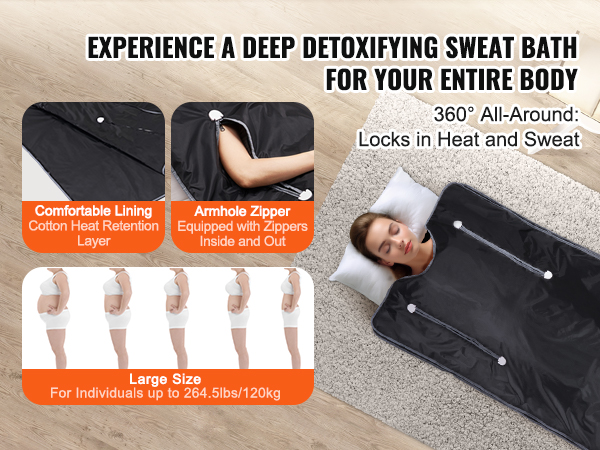 VEVOR sauna blanket with comfortable cotton heat retention layer, armhole zippers, and large size for up to 264.5lbs.