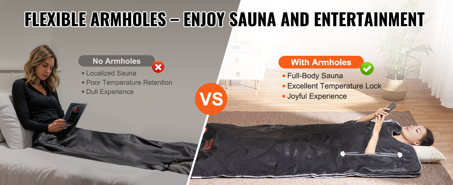 VEVOR sauna blanket: full-body sauna with armholes vs. limited sauna without armholes comparison.