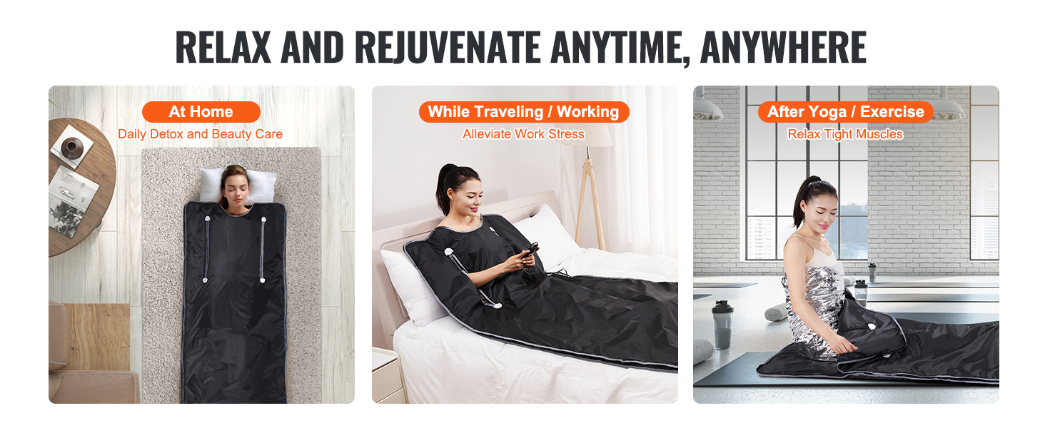 VEVOR sauna blanket for daily detox, work stress relief, and muscle relaxation post-yoga or exercise.