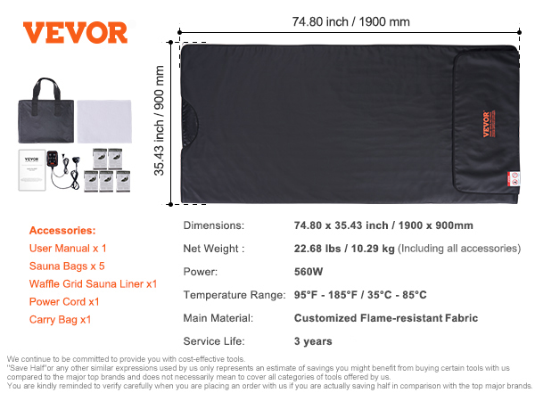 VEVOR sauna blanket product specifications and accessories, dimensions 74.80 x 35.43 inch.
