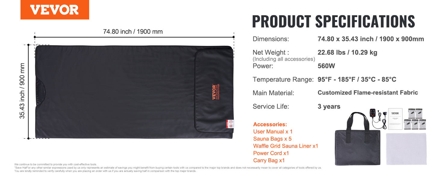 VEVOR sauna blanket product specifications and accessories, dimensions 74.80 x 35.43 inch.