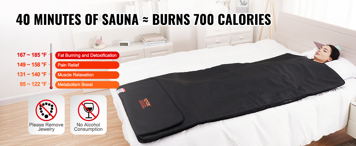 VEVOR sauna blanket for fat burning, pain relief, muscle relaxation, and metabolism boost.