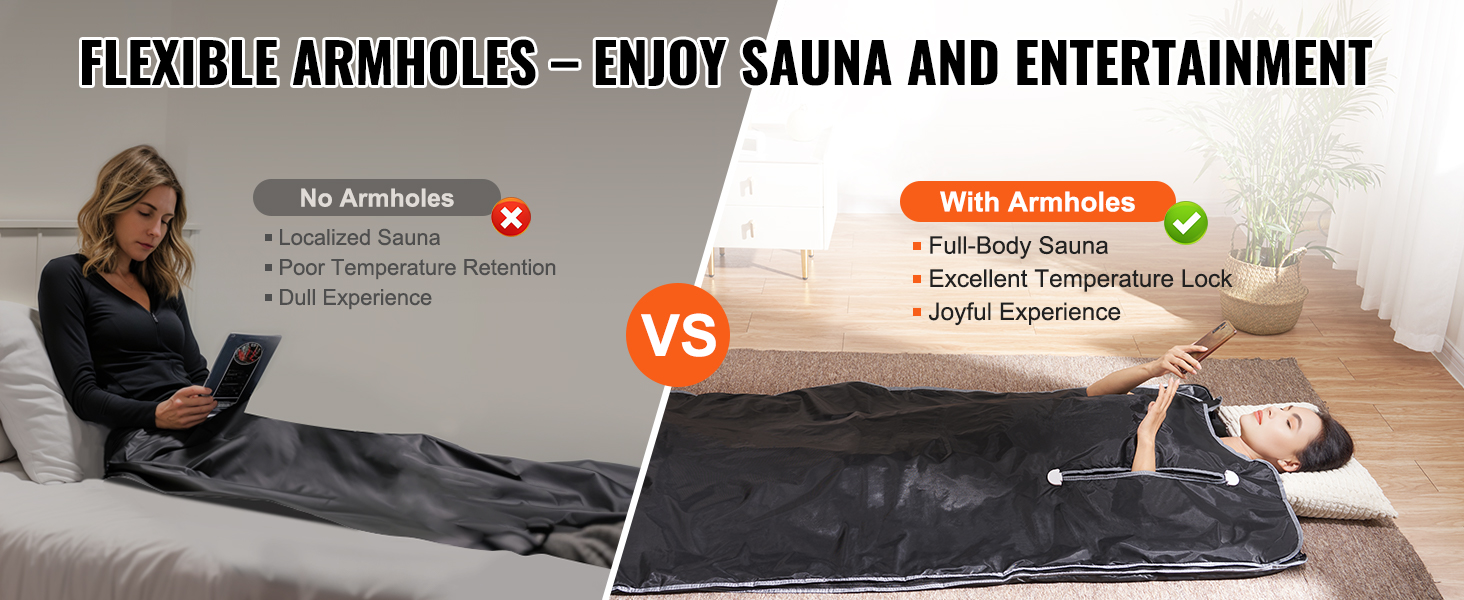 comparison of VEVOR sauna blanket with and without armholes, highlighting benefits of armholes.