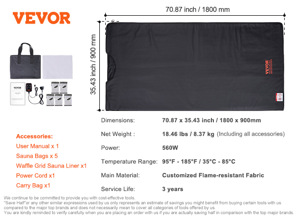VEVOR sauna blanket with dimensions 70.87"x35.43", 560w power, and flame-resistant fabric. accessories included.