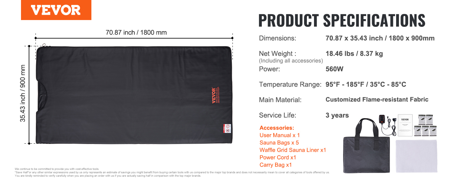 VEVOR sauna blanket with dimensions 70.87"x35.43", 560w power, and flame-resistant fabric. accessories included.