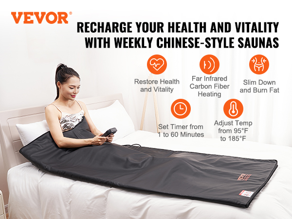 woman using VEVOR sauna blanket on bed; features include timer, adjustable temperature, and carbon fiber heating.