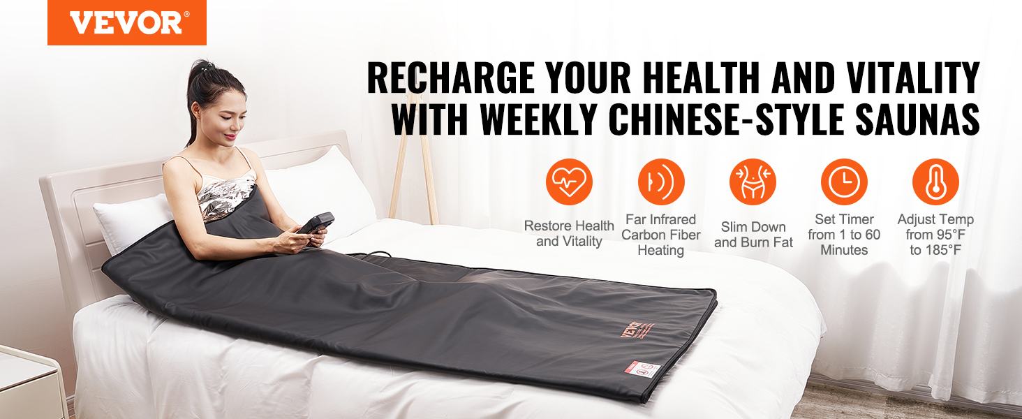 woman using VEVOR sauna blanket on bed; features include timer, adjustable temperature, and carbon fiber heating.