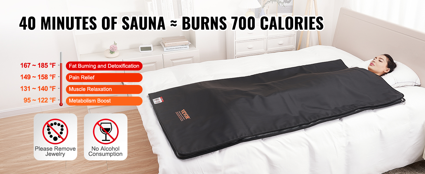 VEVOR sauna blanket on bed, promoting fat burning, detox, pain relief, muscle relaxation, and metabolism boost.