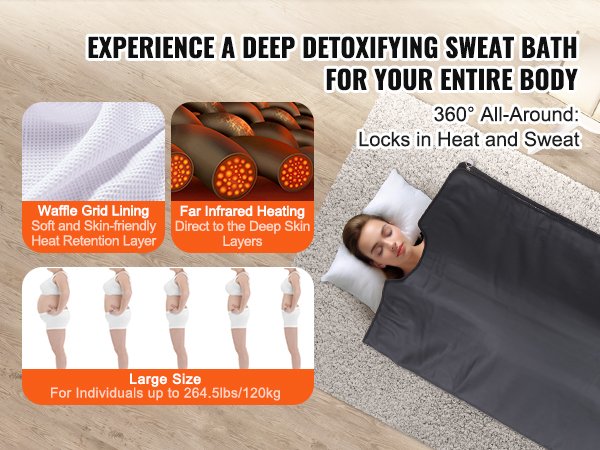 VEVOR sauna blanket promoting deep detoxifying sweat bath with waffle grid lining, far infrared heating, and large size capacity.
