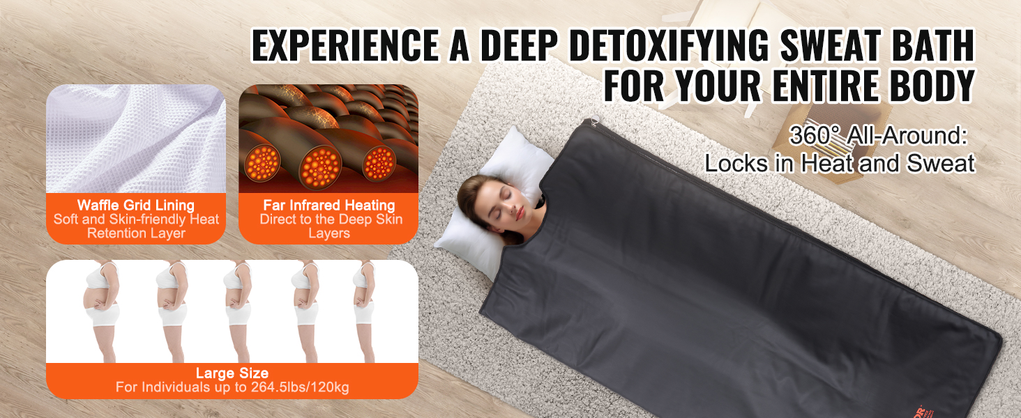 VEVOR sauna blanket promoting deep detoxifying sweat bath with waffle grid lining, far infrared heating, and large size capacity.