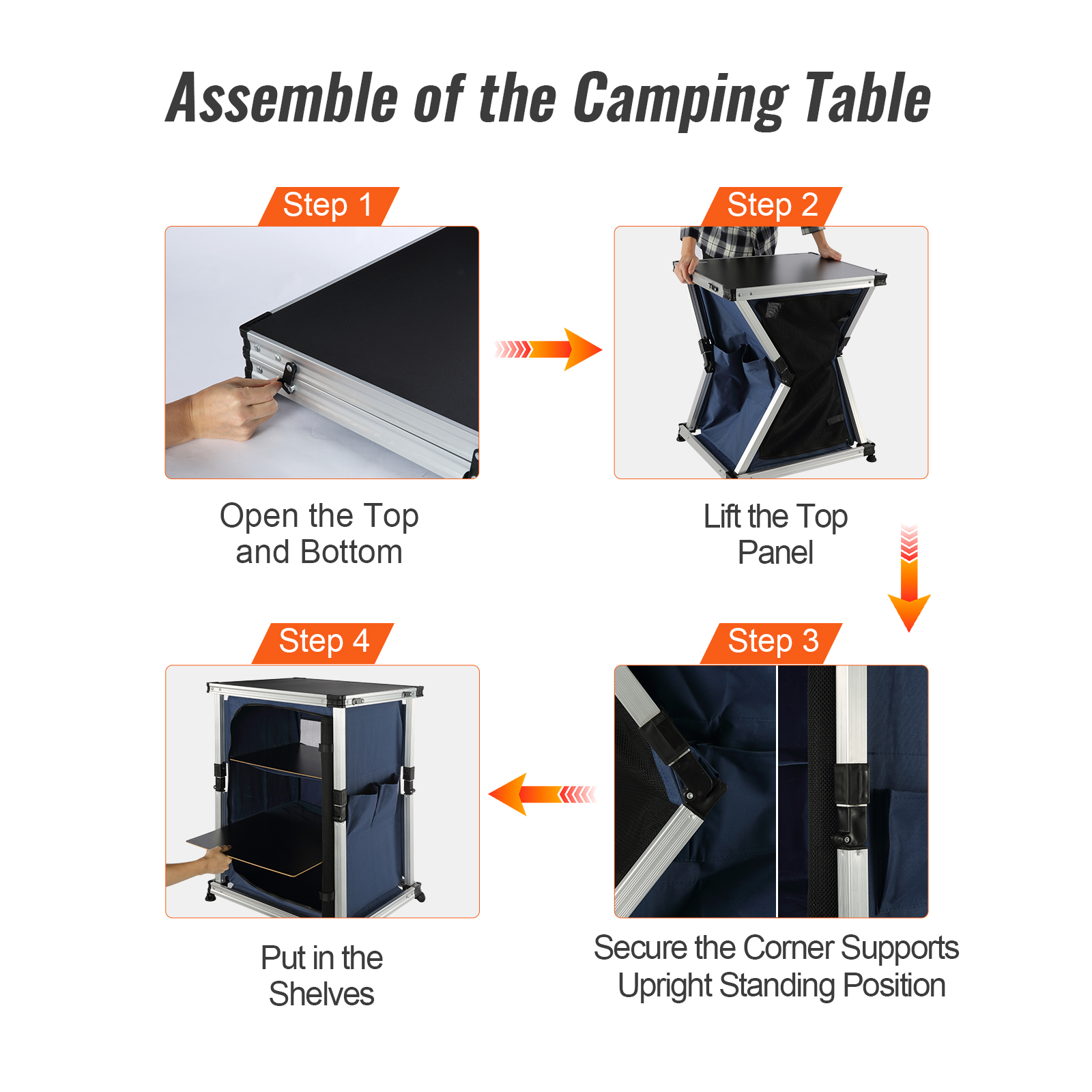 assembly steps for VEVOR camping kitchen table: open top/bottom, lift top panel, secure supports, add shelves.