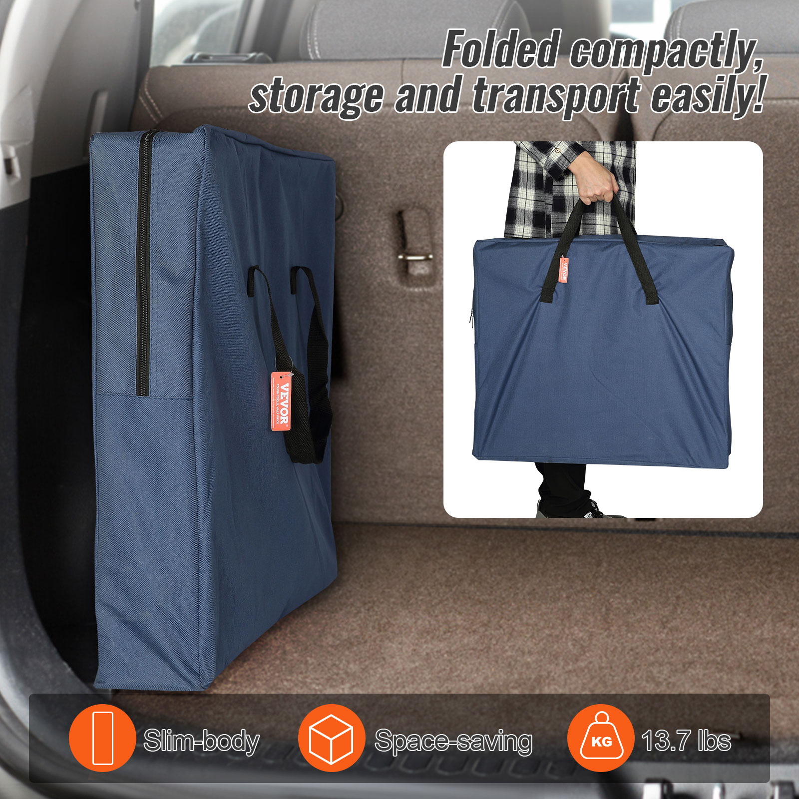 VEVOR camping kitchen table in a compact folded case for easy storage and transport.