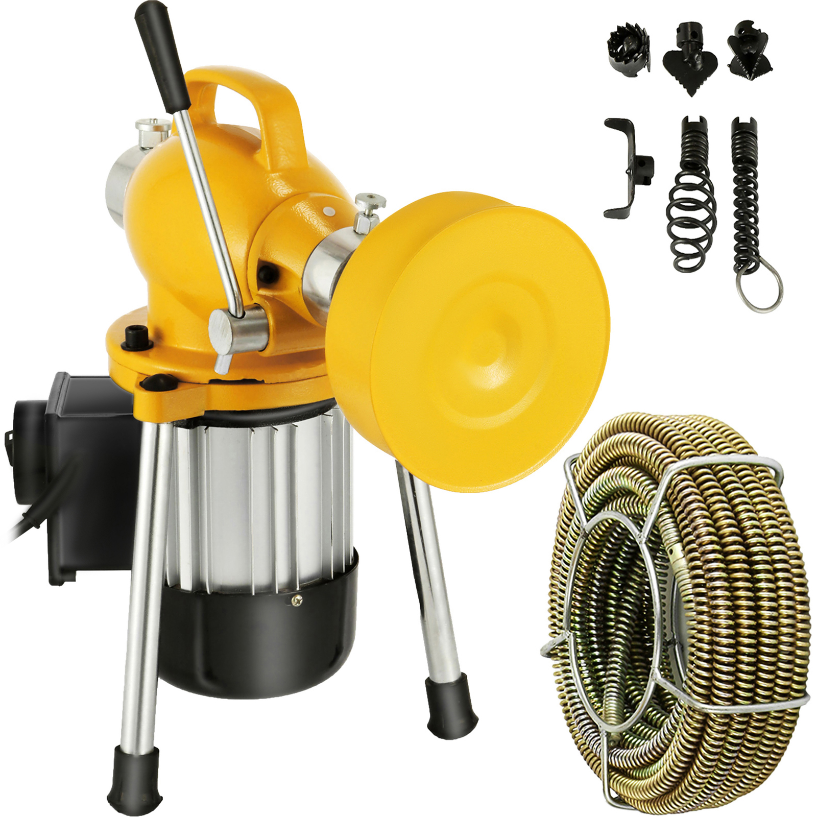 yellow VEVOR drain cleaner machine with coiled cable and various attachments.