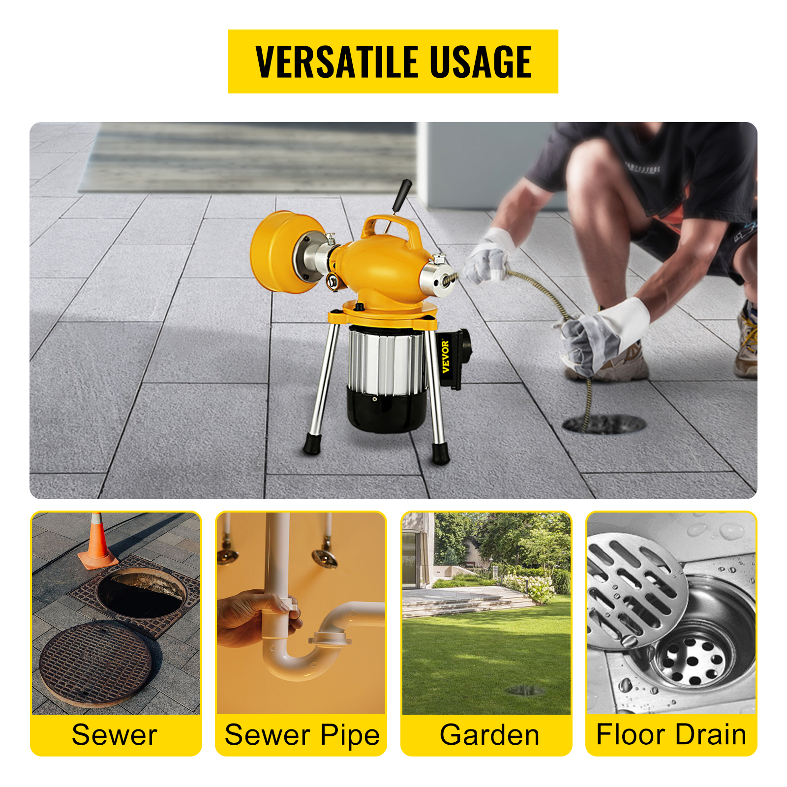 VEVOR drain cleaner machine displayed for sewer, sewer pipe, garden, and floor drain usage.