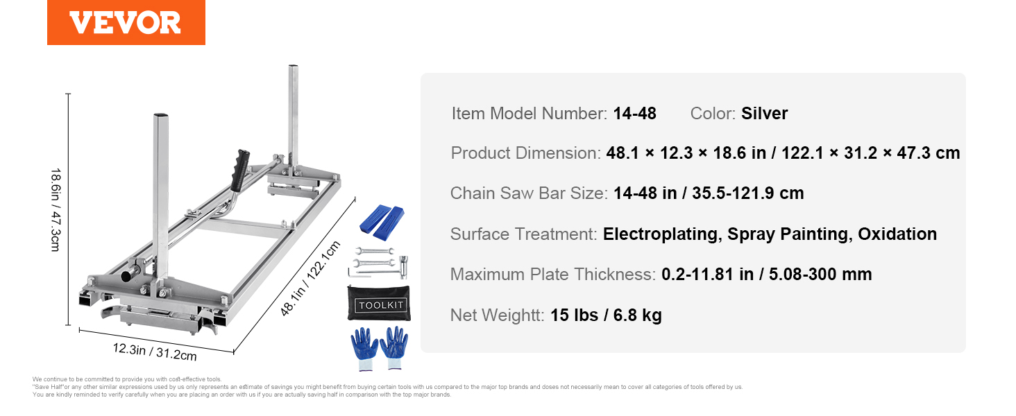 VEVOR chainsaw mill, 48.1x12.3x18.6in dimensions, 14-48in bar size, silver color, weighs 15 lbs.