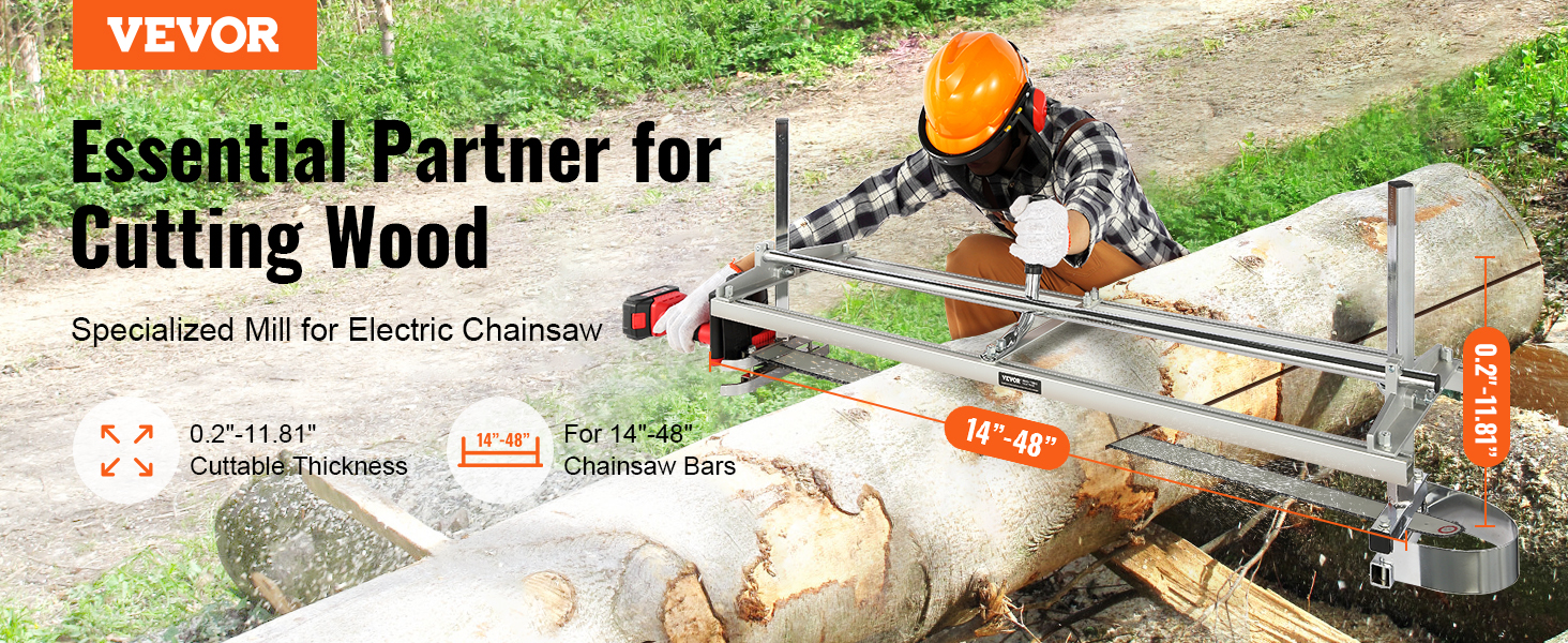 VEVOR chainsaw mill cutting large log with dimensions for cuttable thickness and chainsaw bars.