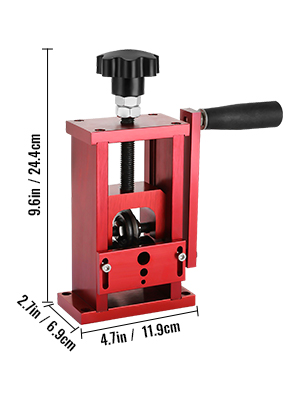 red VEVOR wire stripping machine with dimensions in inches and centimeters.