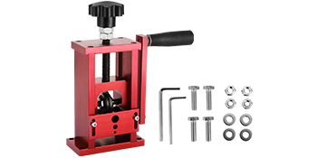 red VEVOR wire stripping machine with handle and accessory tools set.
