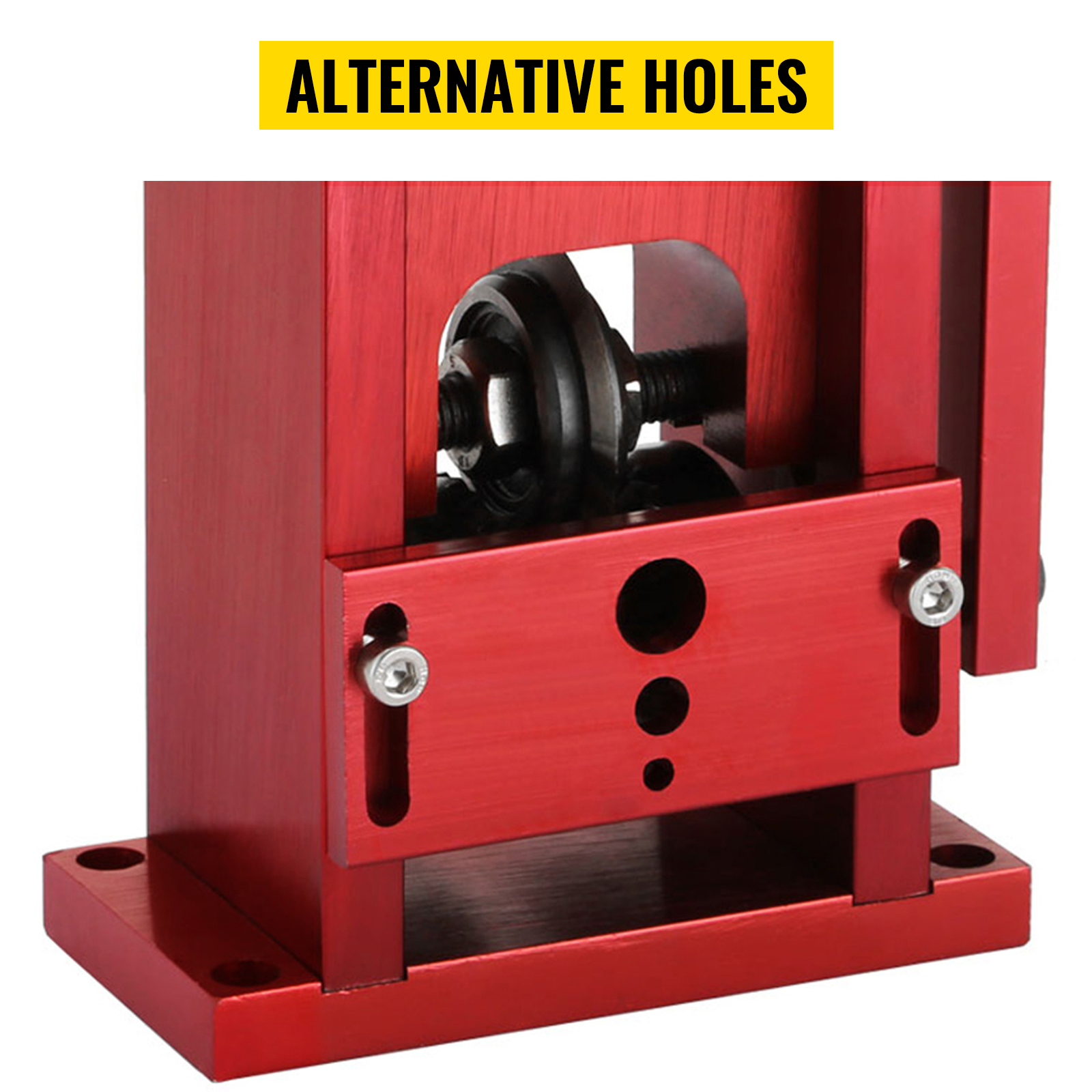 red VEVOR wire stripping machine with multiple alternative holes for wire sizes.