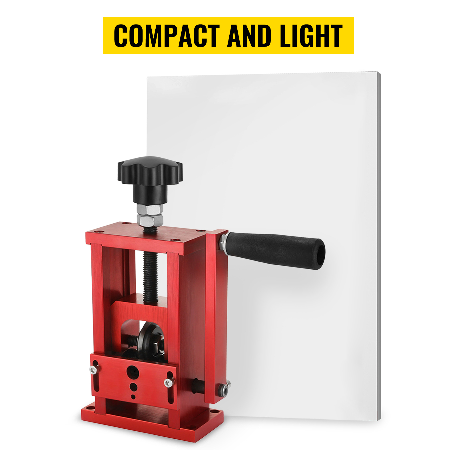 VEVOR wire stripping machine, red compact design with black handle, "compact and light" text.