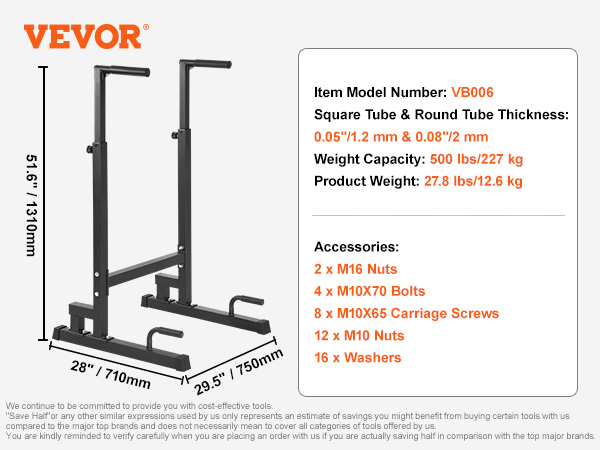 VEVOR dip bar with 500 lbs capacity, dimensions: 51.6" tall, 28" wide, and 29.5" deep.