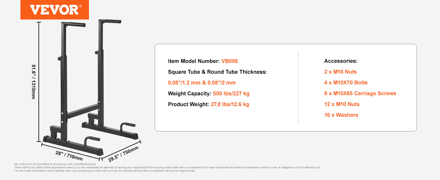 VEVOR dip bar with 500 lbs capacity, dimensions: 51.6" tall, 28" wide, and 29.5" deep.