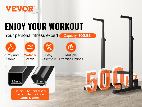 VEVOR dip bar: sturdy, stable, 24-inch width, easy assembly, multiple exercise options, 500 lbs capacity.