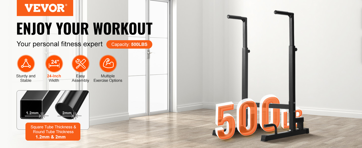 VEVOR dip bar: sturdy, stable, 24-inch width, easy assembly, multiple exercise options, 500 lbs capacity.
