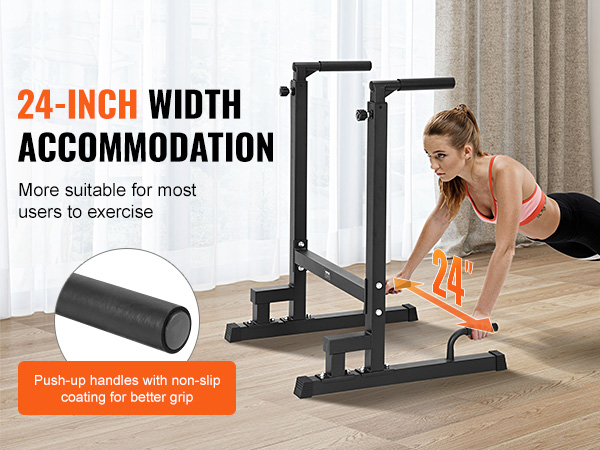 VEVOR dip bar with 24-inch width, featuring non-slip push-up handles for better grip.