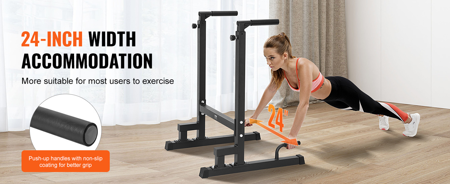 VEVOR dip bar with 24-inch width, featuring non-slip push-up handles for better grip.