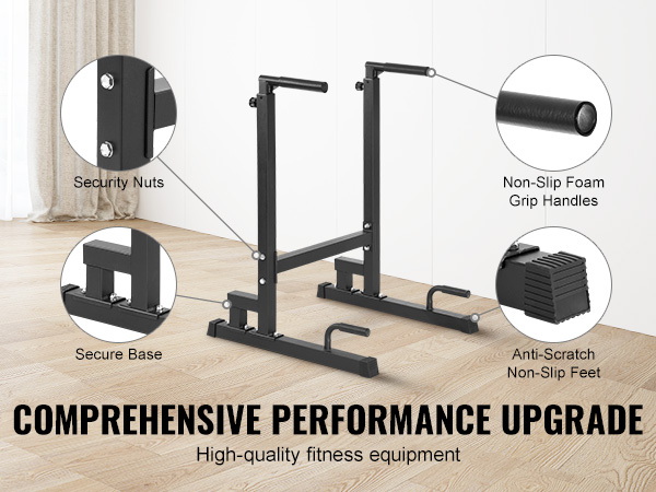 VEVOR dip bar with non-slip foam grip handles, secure base, security nuts, and anti-scratch non-slip feet.