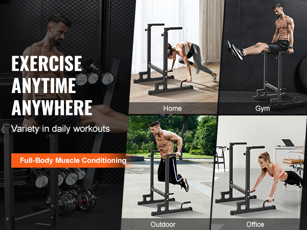 exercise anytime anywhere with VEVOR dip bar featuring versatile workouts for home, gym, outdoor, and office.