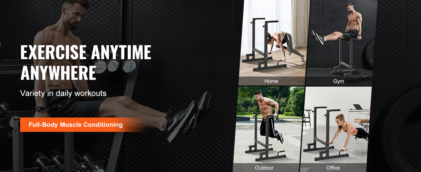 exercise anytime anywhere with VEVOR dip bar featuring versatile workouts for home, gym, outdoor, and office.