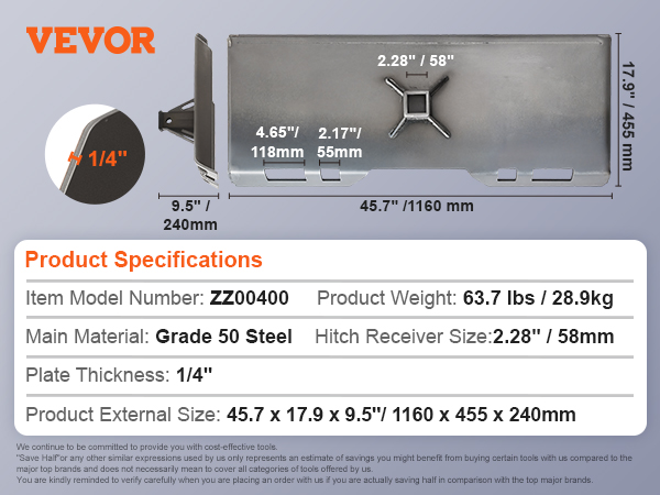 VEVOR skid steer attachment plate, grade 50 steel, 1160mm length, 455mm height, 1/4" thickness.