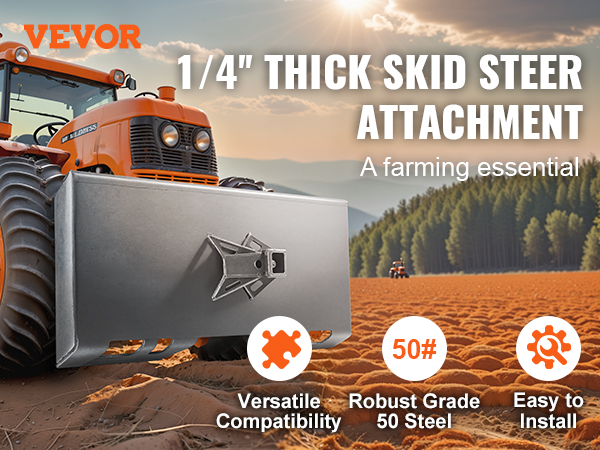 VEVOR skid steer attachment plate on an orange tractor, ideal for farming with versatile compatibility.