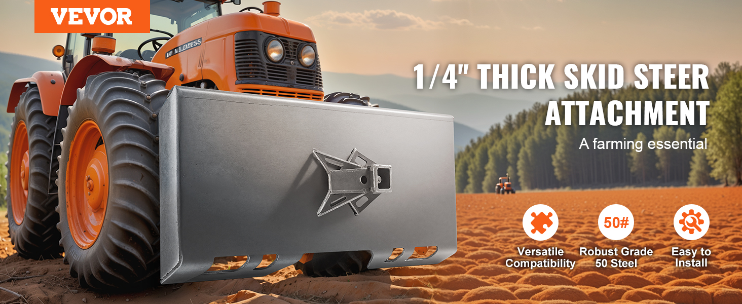VEVOR skid steer attachment plate on an orange tractor, ideal for farming with versatile compatibility.