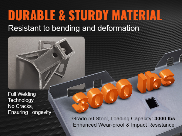 durable VEVOR skid steer attachment plate with 3000 lbs capacity, grade 50 steel, full welding technology.