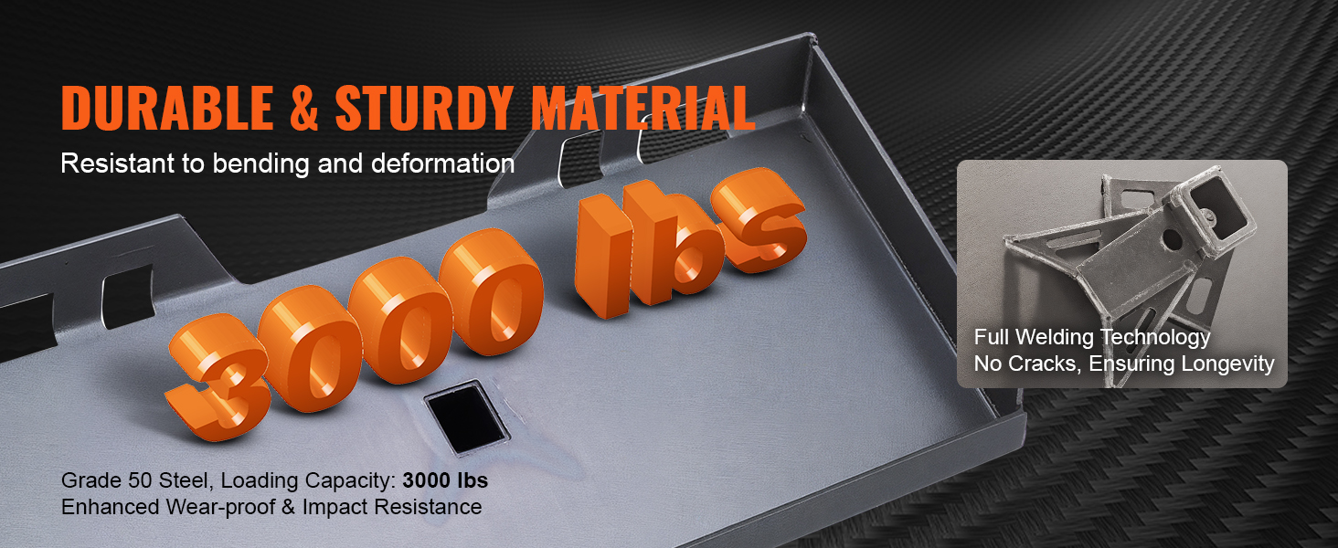 durable VEVOR skid steer attachment plate with 3000 lbs capacity, grade 50 steel, full welding technology.