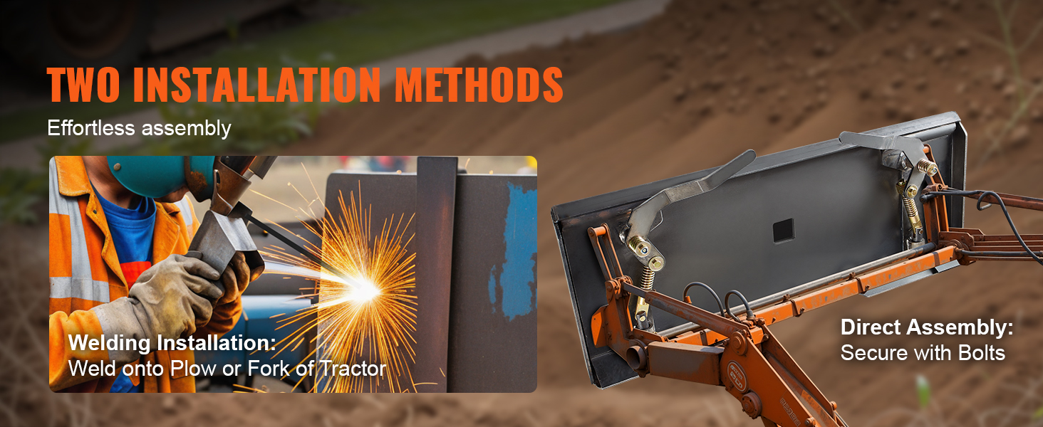 two installation methods for VEVOR skid steer attachment plate: welding and direct assembly with bolts.