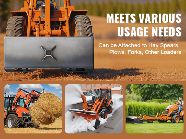 orange tractor and VEVOR skid steer attachment plate with hay spears, plows, and forks.