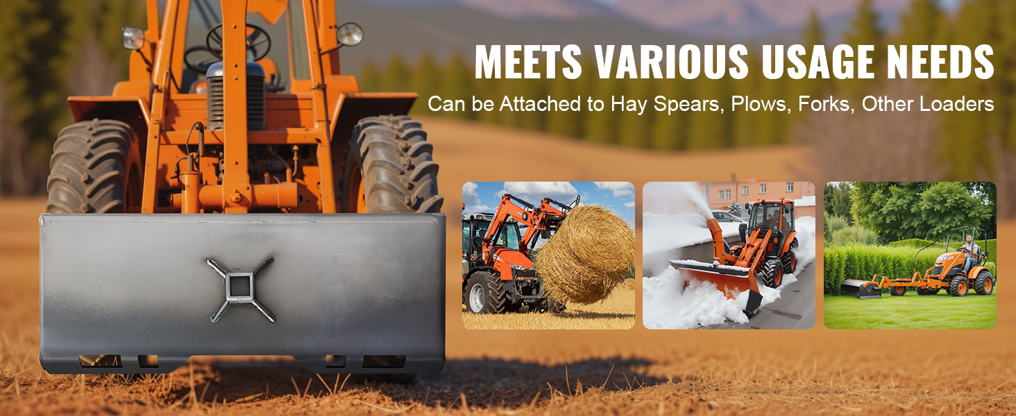 orange tractor and VEVOR skid steer attachment plate with hay spears, plows, and forks.