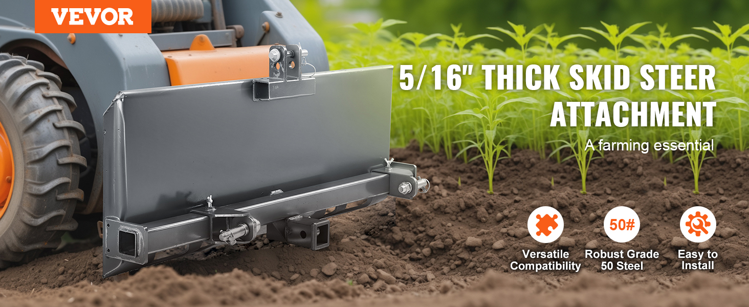 VEVOR skid steer plate: 5/16" thick steel attachment for versatile farming, robust and easy to install.