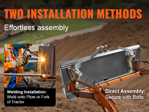 two installation methods for VEVOR skid steer plate: welding onto plow or fork, direct assembly with bolts.