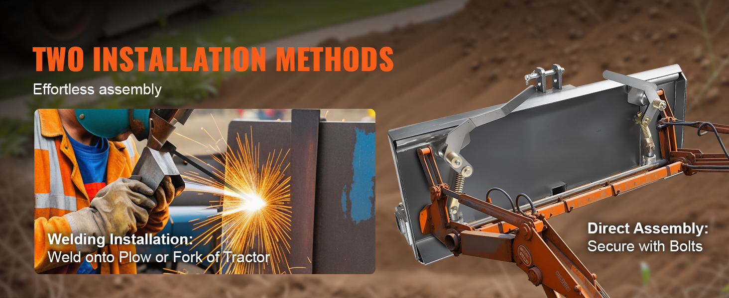 two installation methods for VEVOR skid steer plate: welding onto plow or fork, direct assembly with bolts.