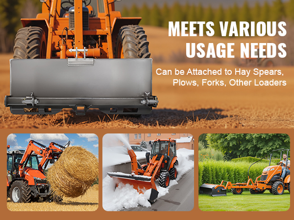 orange tractor with VEVOR skid steer plate attached, used for hay spears, plows, forks, and loaders.