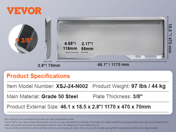 VEVOR skid steer attachment plate dimensions and specifications on gray background.