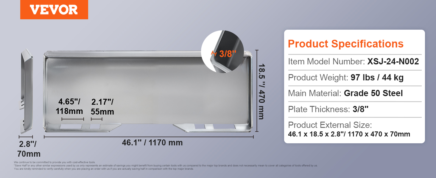 VEVOR skid steer attachment plate dimensions and specifications on gray background.